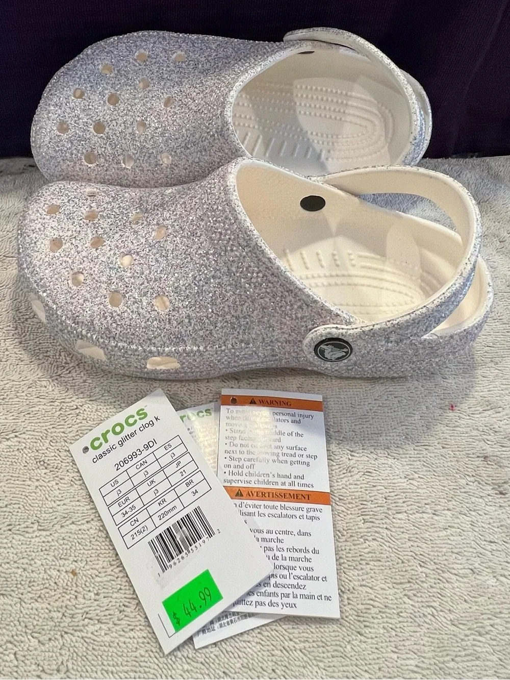 NWT🌟Glitter Crocs Classic Clog- Girls Iridescent White, Blue & Purple Glitter